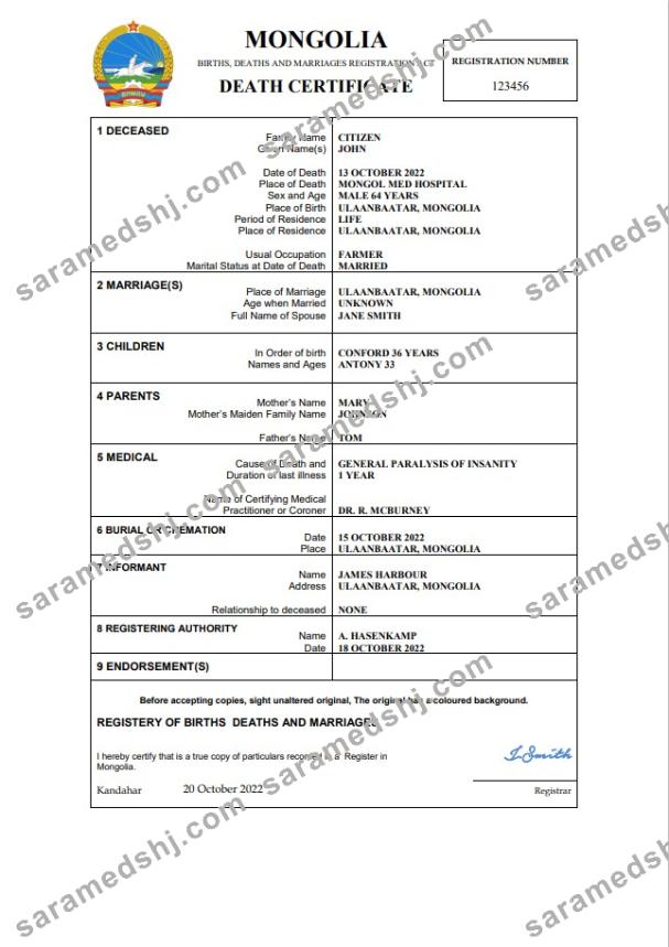 Mongolia vital record death certificate Word and PDF template